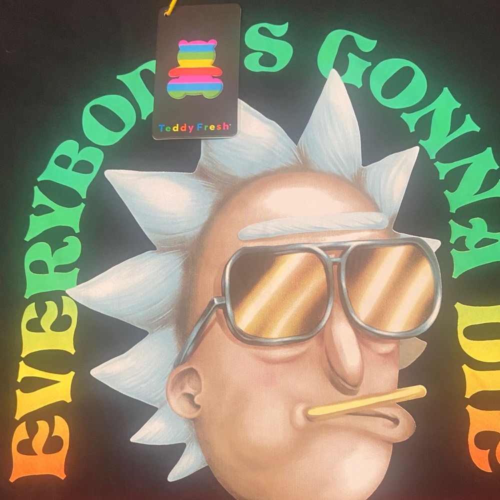 Teddy Fresh Black Tee with Colorful Graphic of Rick and Morty